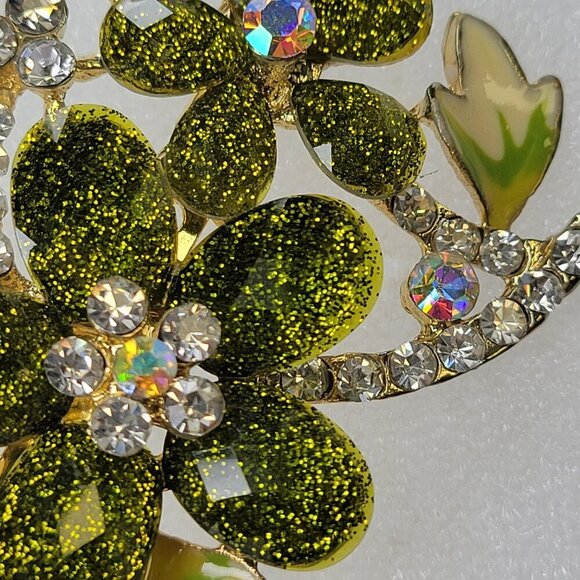 Lime Green Rhinestones Flower brooch - Picture 2 of 9